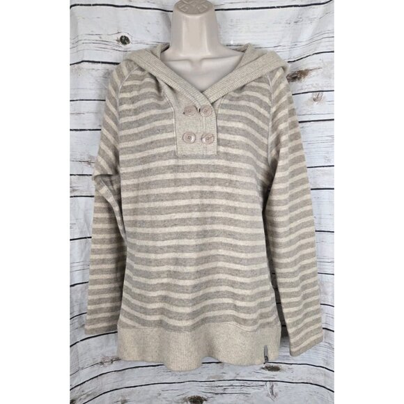 Mountain Hardwear Sweater Hoodie Henley XL Womens Wool Blend Oatmeal Striped - Picture 1 of 5